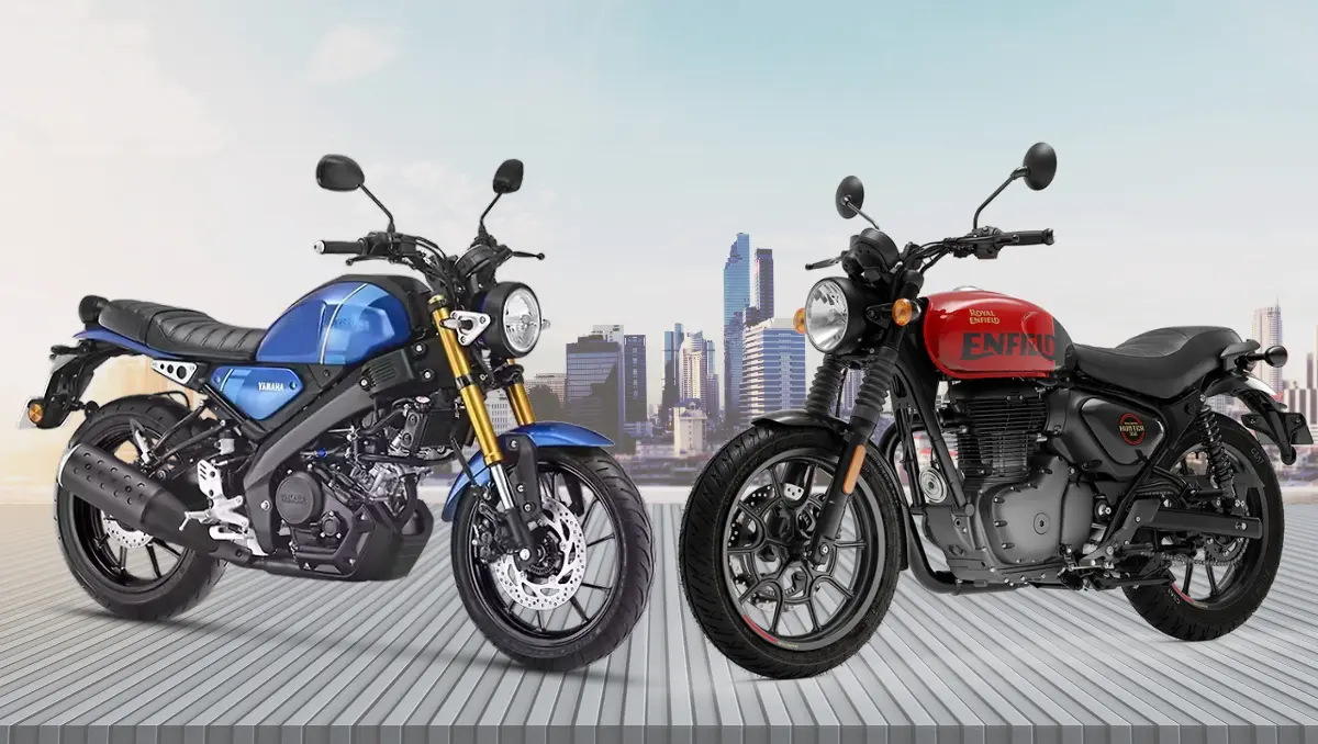 Yamaha XSR 155 Vs Royal Enfield Hunter 350 comparison image showing both motorcycles side by side