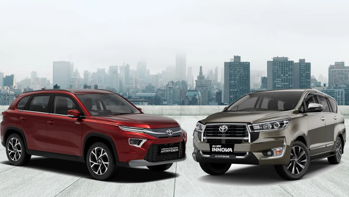 Toyota Hyryder outsells Innova cover image showing Hyryder SUV and Innova MPV side by side