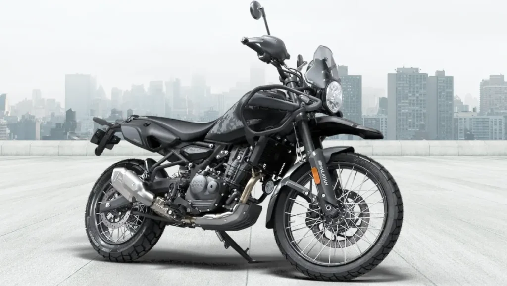 Royal Enfield Himalayan Mana Black Edition Launched angled view with spoked wheels and tall windscreen