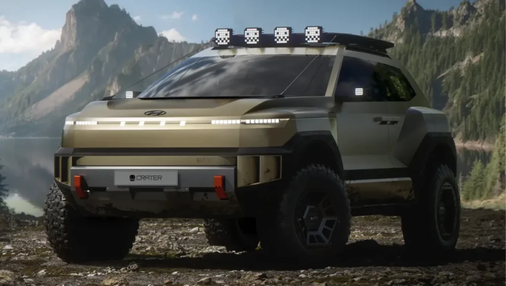 Hyundai CRATER Concept breaks cover front view off road SUV with roof lights in mountain setting