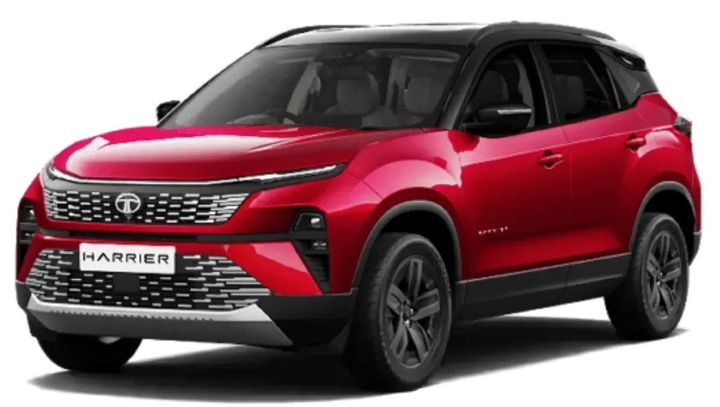 Tata Harrier Turbo Petrol achieves 25.9 kmpl mileage showcased in a red mid size SUV with bold front design and strong road presence