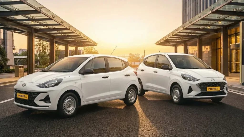 Hyundai Grand i10 NIOS and Aura Launched in Prime Taxi Range shown as factory-approved taxi models parked outside a commercial building in India