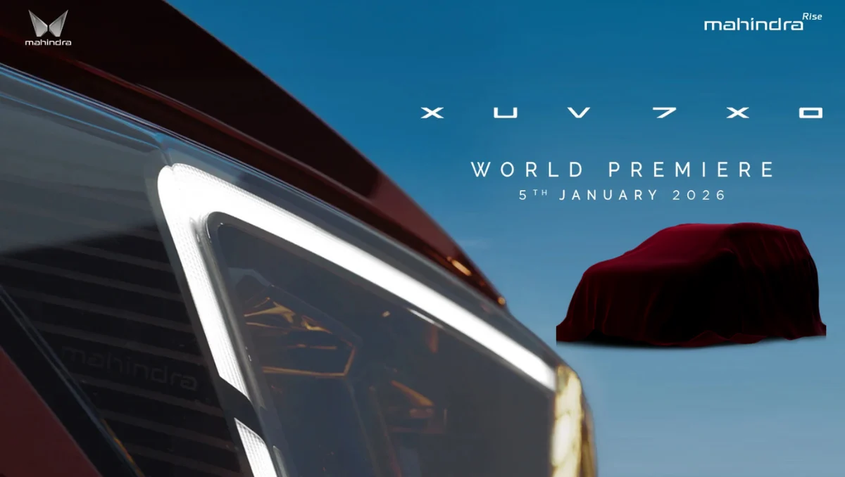 Mahindra XUV 7XO to Debut with AX9L Top Trim teaser image showing front lighting design ahead of January 5 world premiere