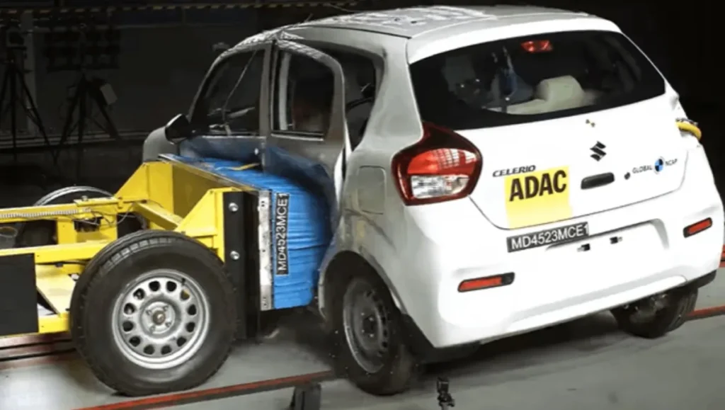 Maruti Celerio Gets 3-Star Rating in Global NCAP side impact crash test showing rear door deformation and vehicle response