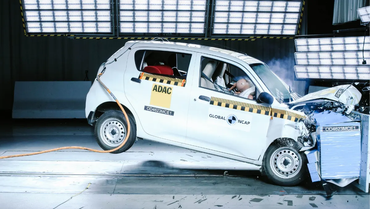 Maruti Celerio Gets 3-Star Rating in Global NCAP crash test showing frontal impact results during controlled safety testing