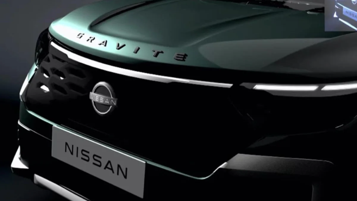 Nissan Confirms Gravite Name for Its Upcoming MPV with close-up view of the front grille and Gravite badging