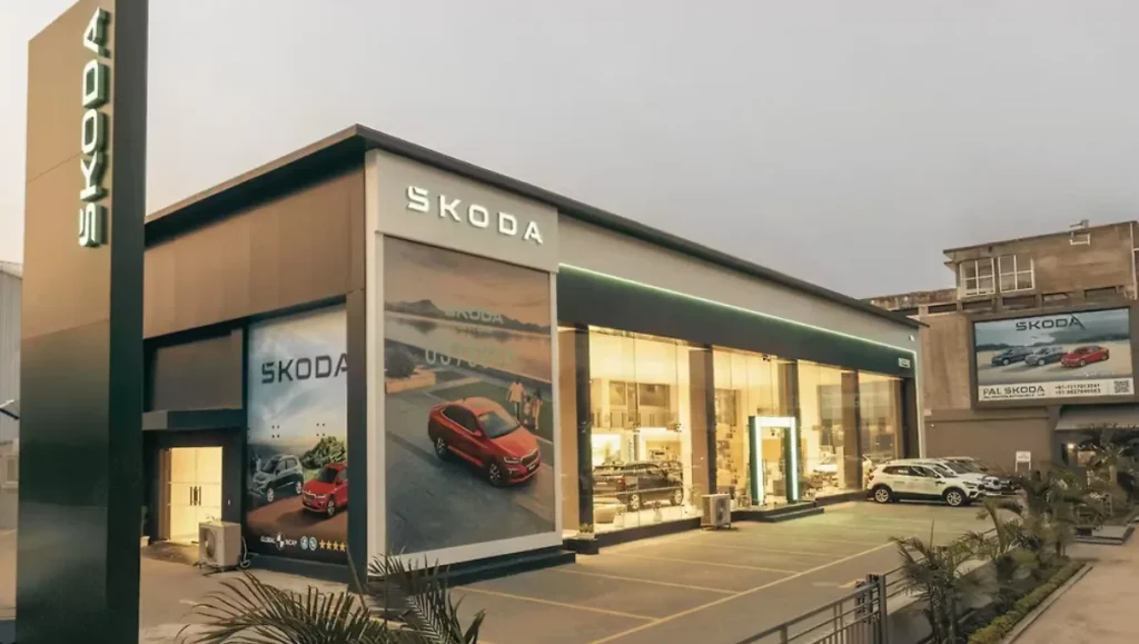 Upcoming Skoda launches in India in 2026 showcased at a modern Skoda dealership highlighting the brand’s future car lineup