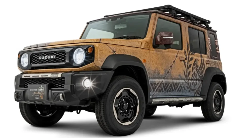 Suzuki Jimny Monster Hunter Set for Debut at Tokyo Auto Salon 2026 shown in front three quarter view with off road tyres and themed exterior graphics