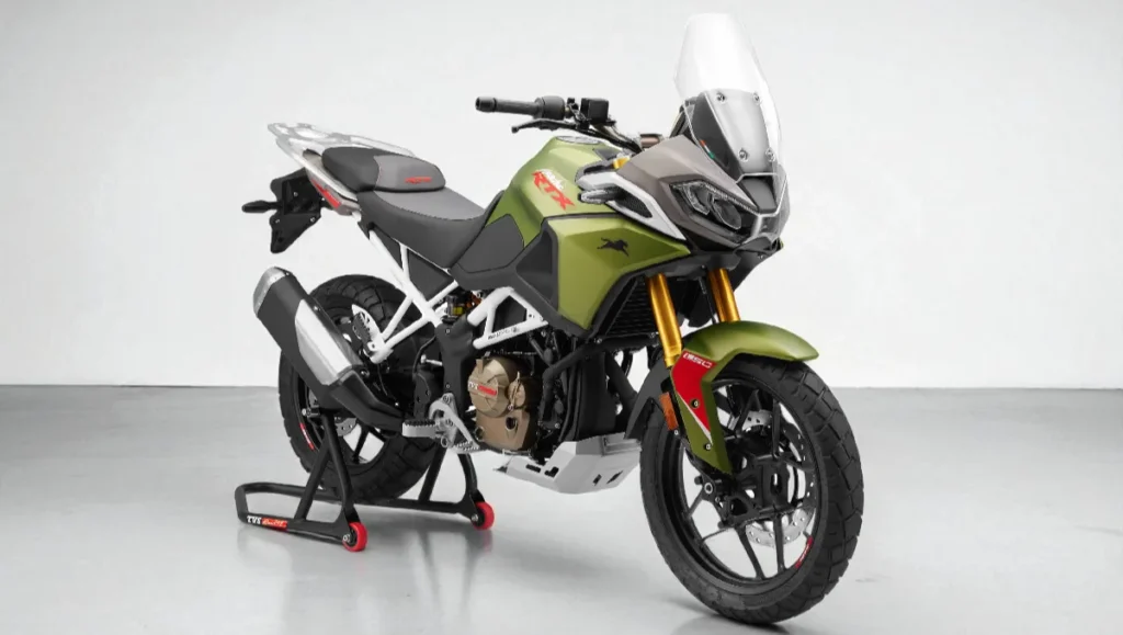 TVS Apache RTX 300 Clinches IMOTY 2026 Title showcased in studio image highlighting adventure bike design and engineering details