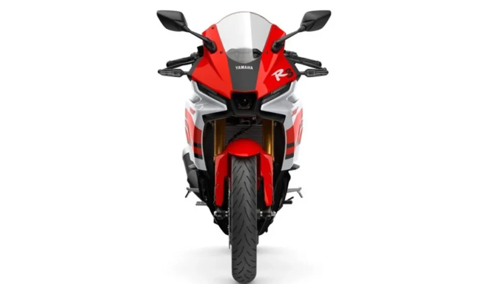 Yamaha R3 70th Anniversary Edition Unveiled front view with retro racing graphics