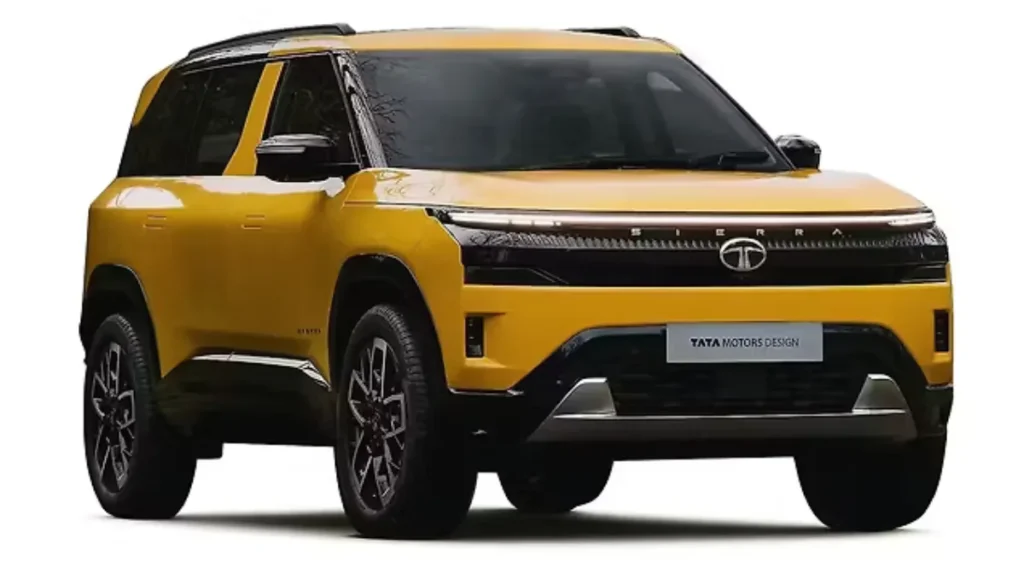 New generation Tata Sierra SUV shown in yellow colour with front three quarter design view