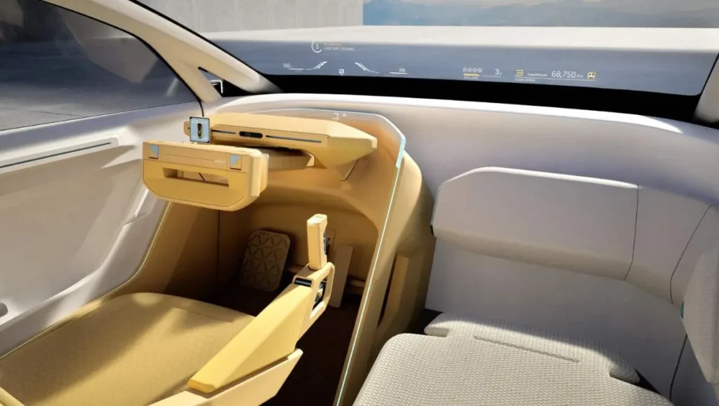 Minimalist interior cockpit view of the Kia Vision Meta Turismo Concept with augmented reality display and lounge-style seating