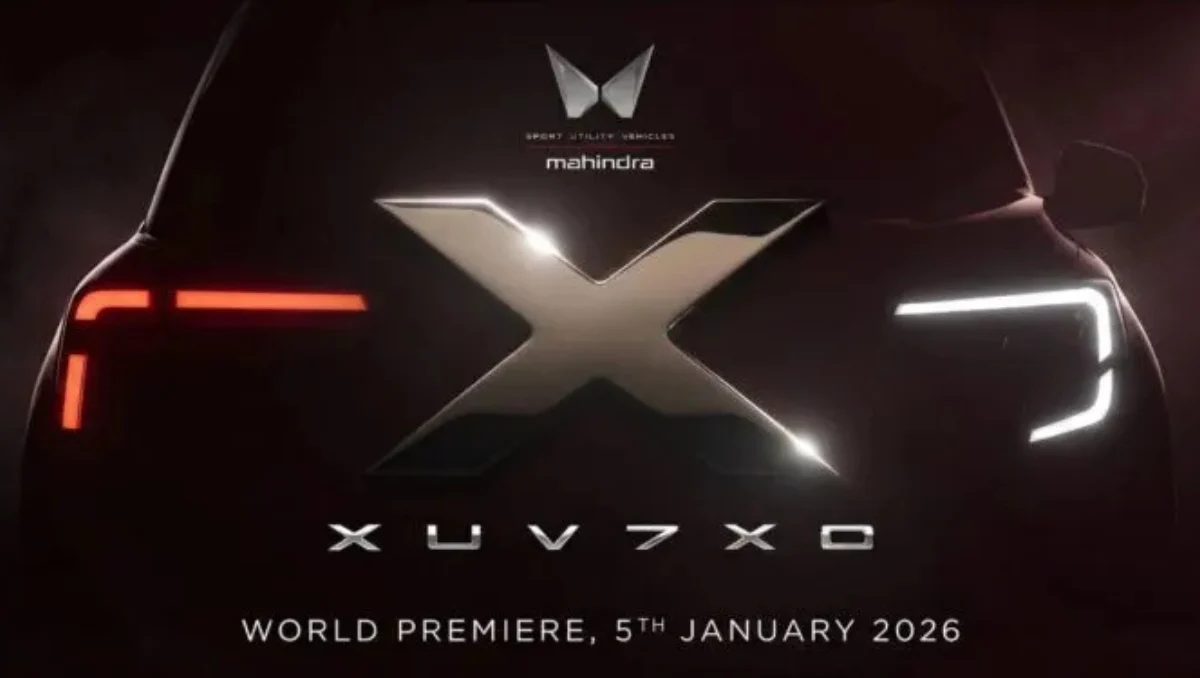 Mahindra XUV 7XO Launch Date Confirmed teaser image showing illuminated X badge and world premiere date on 5 January 2026