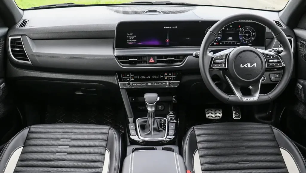 New Kia Seltos variants explained dashboard layout showing dual displays and premium interior design