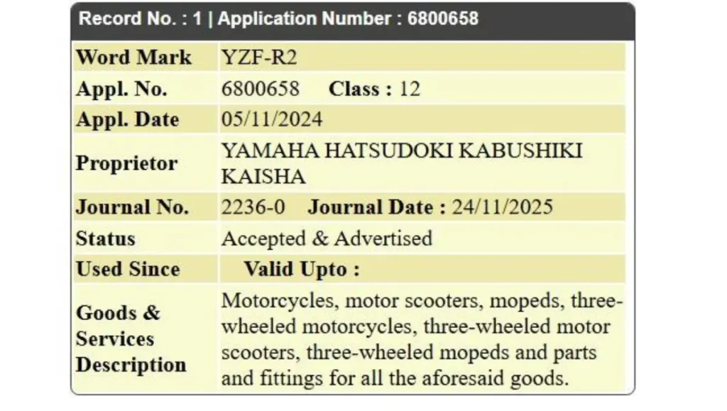 Yamaha YZF-R2 name trademarked in India shown through official Indian trademark database filing details