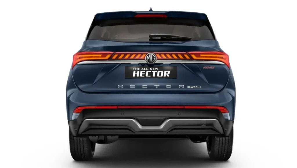 Rear view of the 2026 MG Hector Facelift Launched in India showing updated LED tail lamps and redesigned bumper
