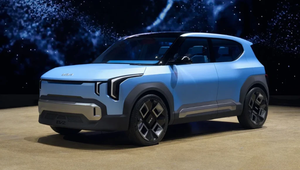 Kia EV2 shown in its full exterior design with a blue compact electric SUV body and signature LED lighting