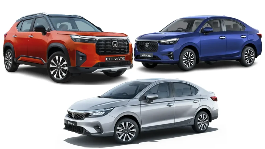 Honda Cars Offers Huge Year End Discounts showcasing Honda Elevate, Honda Amaze and Honda City in the official lineup image