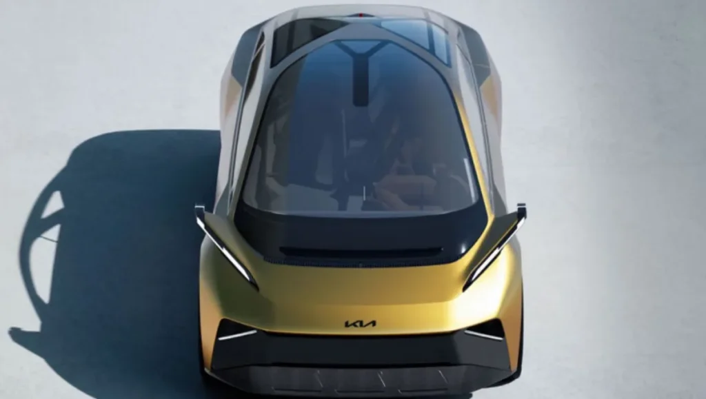 Front overhead view of the Kia Vision Meta Turismo Concept showcasing sleek GT proportions and panoramic glass roof