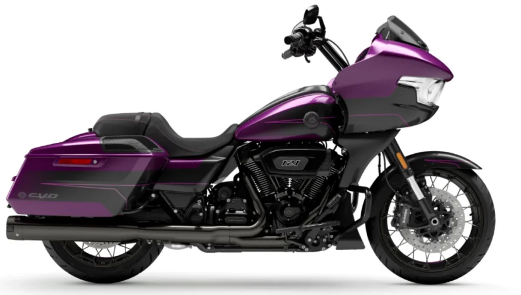 Harley-Davidson CVO Road Glide launched in India shown in full side profile with custom purple paint and sharknose fairing