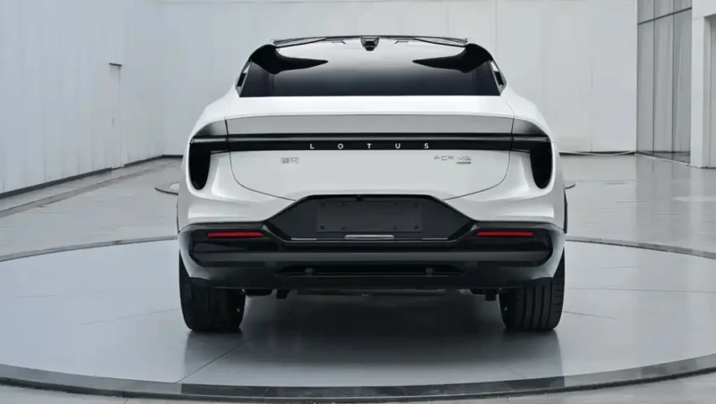 Lotus unveils the PHEV version of the Eletre seen from the rear with full width LED tail lights and bold Lotus branding