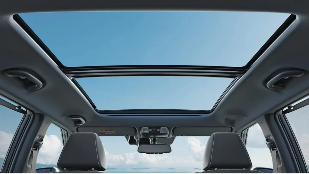 New Kia Seltos variants explained panoramic sunroof interior view showing dual-pane glass roof