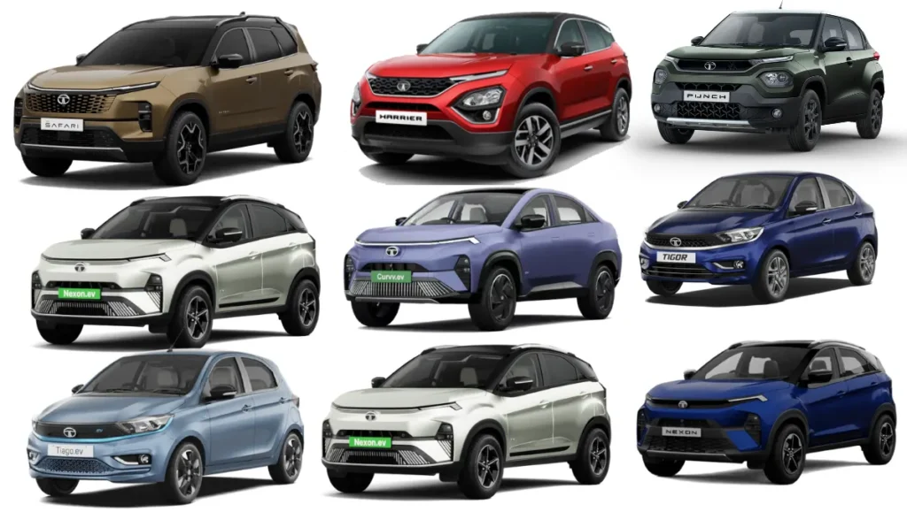 Big December Discounts on Tata Cars featuring Tata Safari, Harrier, Punch, Nexon, Tiago, Tigor and Tata electric vehicles lined up together