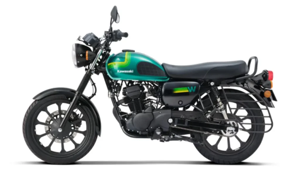Made in India Kawasaki W175 Set For US Launch pictured in full left-side view with retro green tank and classic stance