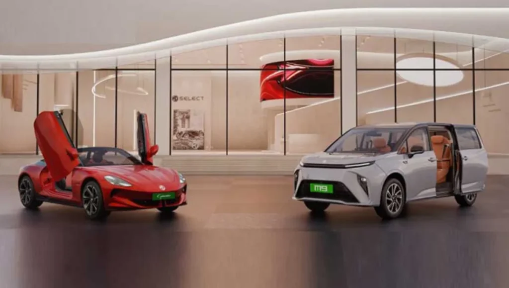 MG Select Crosses 1000 EV Sales in India showcased with MG Cyberster and MG M9 outside MG Select studio