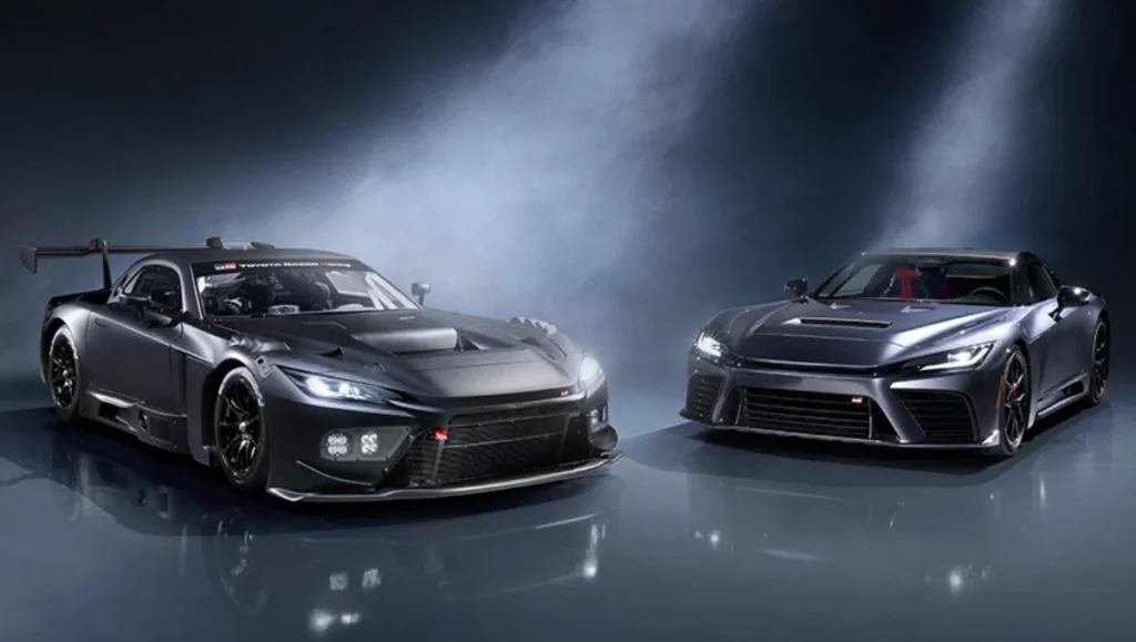 Toyota Unveiled GR GT Supercar shown beside the GR GT3 race car during the official reveal