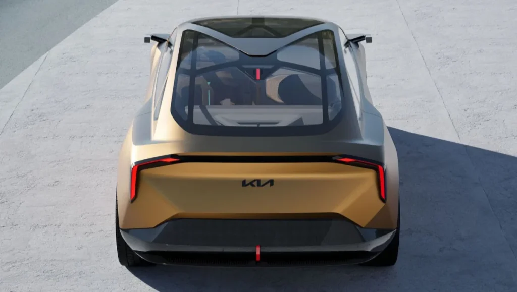 Rear view of the Kia Vision Meta Turismo Concept with futuristic LED lighting and fastback GT silhouette