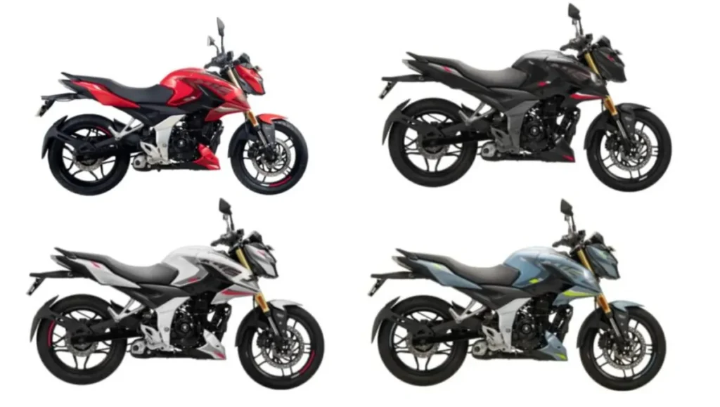 Bajaj Pulsar N160 colour options lineup showing red, black, white and blue variants