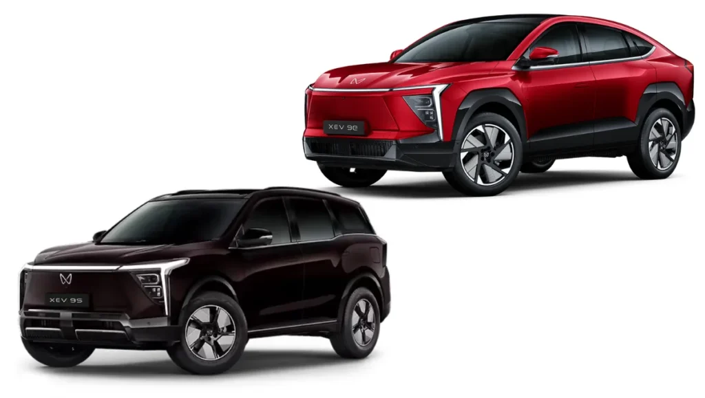 Mahindra XEV 9e vs XEV 9S Differences Explained comparison image showing the coupe-styled XEV 9e and the three-row XEV 9S side by side