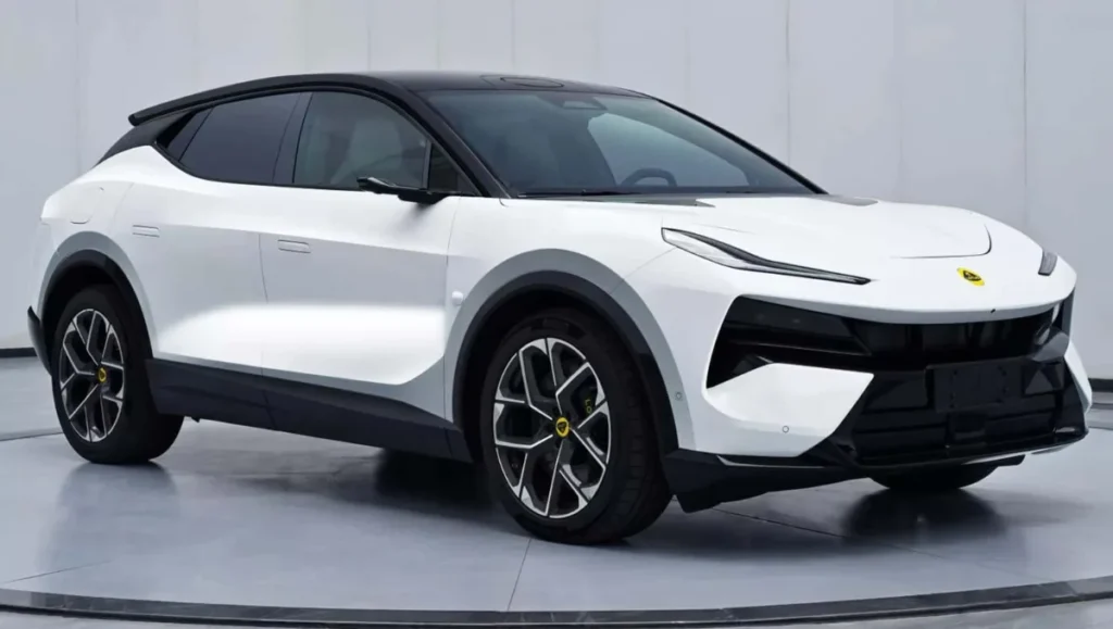 Lotus unveils the PHEV version of the Eletre shown in white from a front three quarter angle with coupe style SUV design