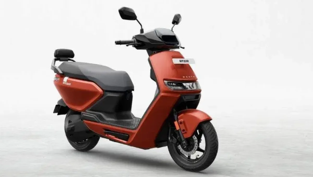 Ather Rizta Hits 2 Lakh Unit Sales Milestone showcased with the scooter in a red color variant on a clean studio background