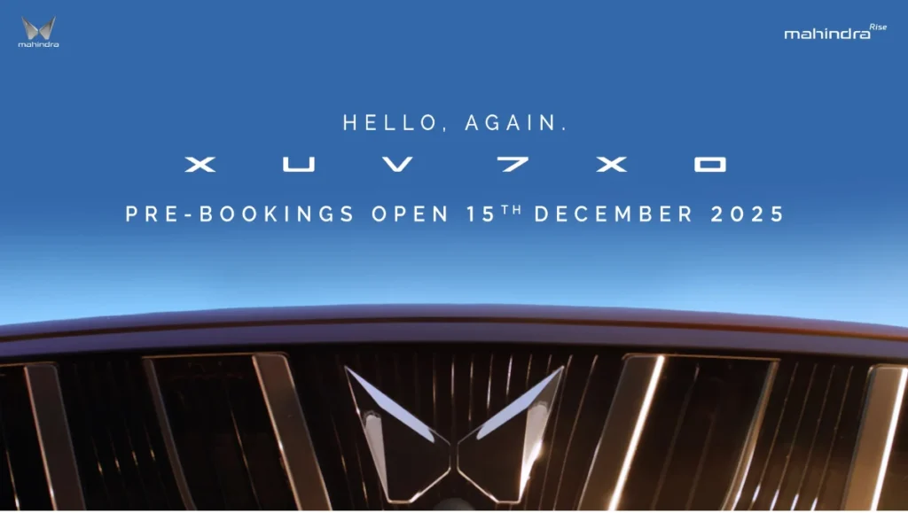 XUV7XO Pre-Bookings Begin December 15 cover image showcasing Mahindra’s new SUV teaser with grille and logo