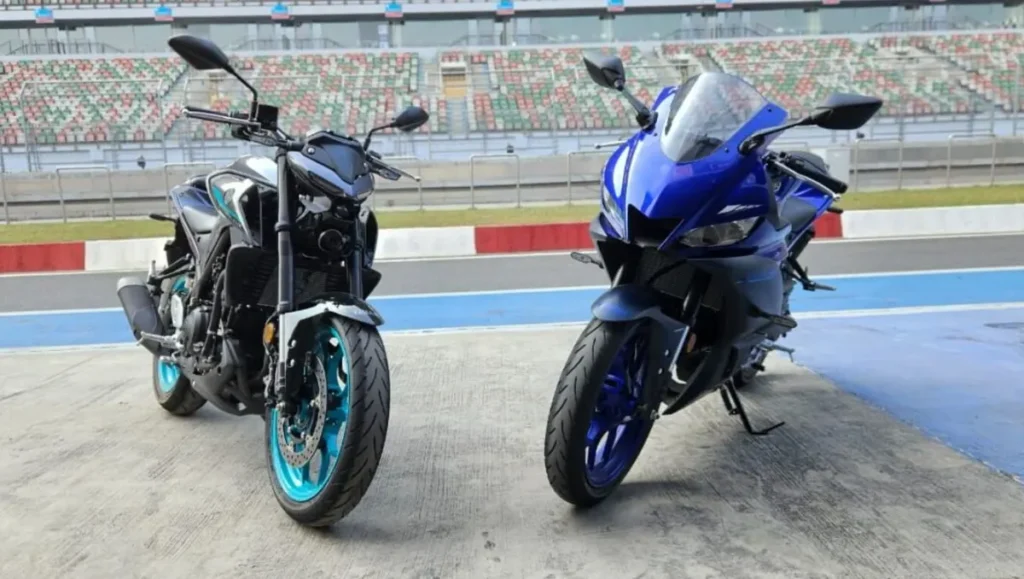 Yamaha YZF-R3 and MT-03 discontinued in India shown together at a racetrack during a media showcase