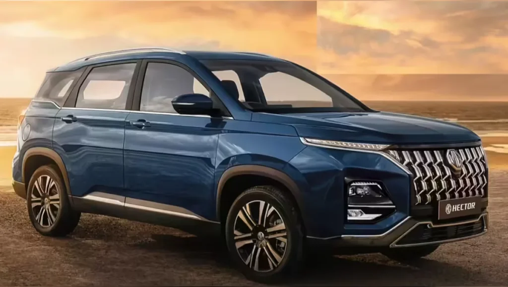 2026 MG Hector Facelift Launched in India shown in blue colour with updated front grille and redesigned alloy wheels