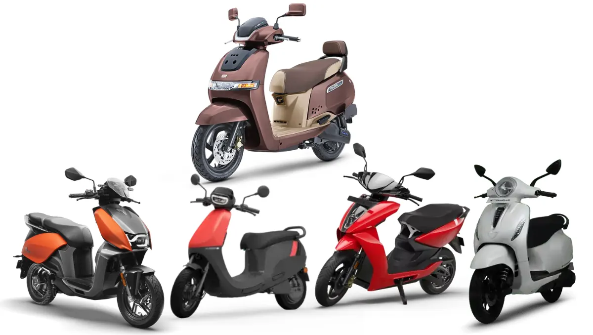 TVS Tops E-2W Sales in November cover image showing top electric scooters including TVS iQube, Ola S1, Ather 450, Bajaj Chetak and Vida V1
