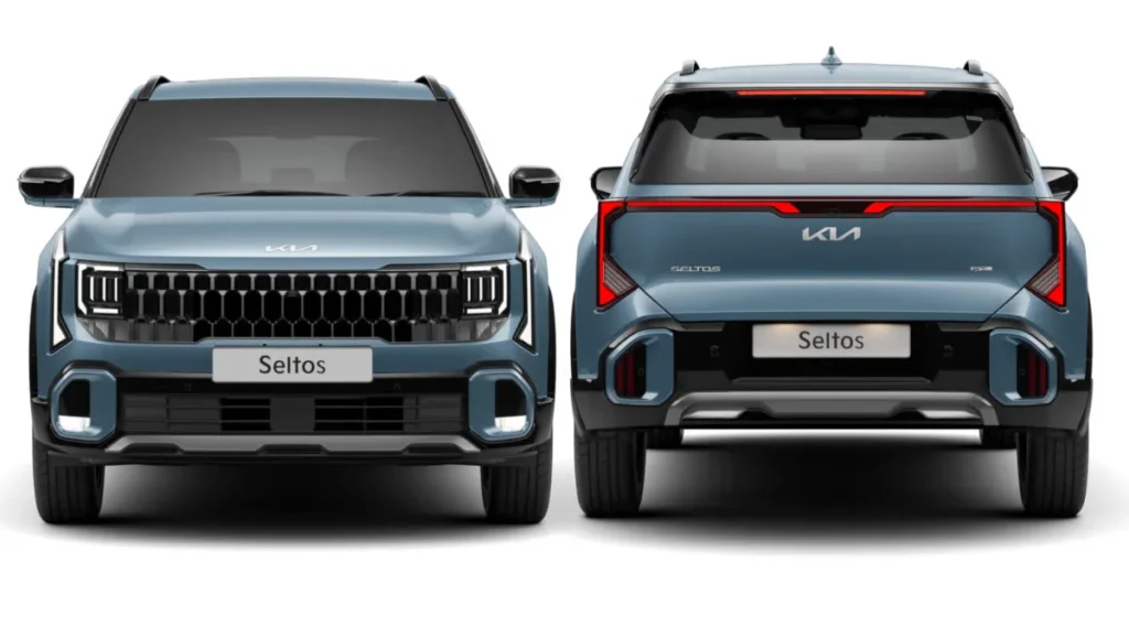 New 2026 Kia Seltos Launched in India shown in front and rear view highlighting revised grille, updated LED lighting, and refreshed tail lamp design