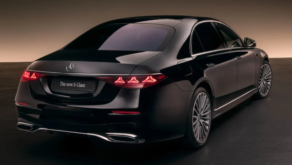 2026 Mercedes Benz S Class Facelift Revealed rear three quarter view in black exterior