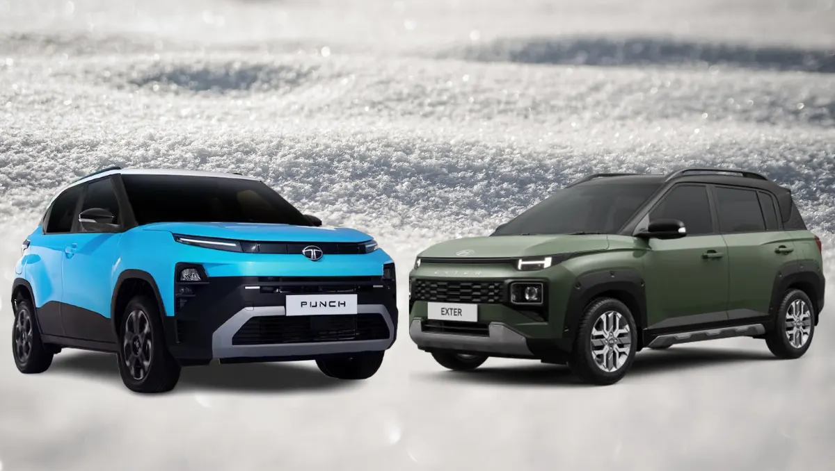Front view of a blue 2026 Tata Punch Facelift vs Hyundai Exter in green, comparing their designs side-by-side.