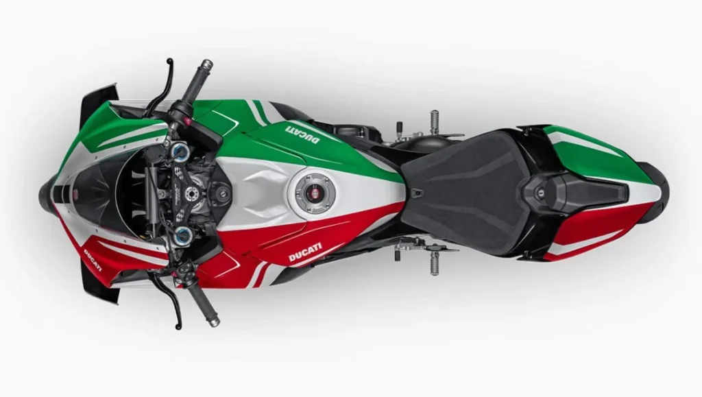 Ducati Panigale V4 Tricolore Launched in India seen from top view showcasing tank and seat design