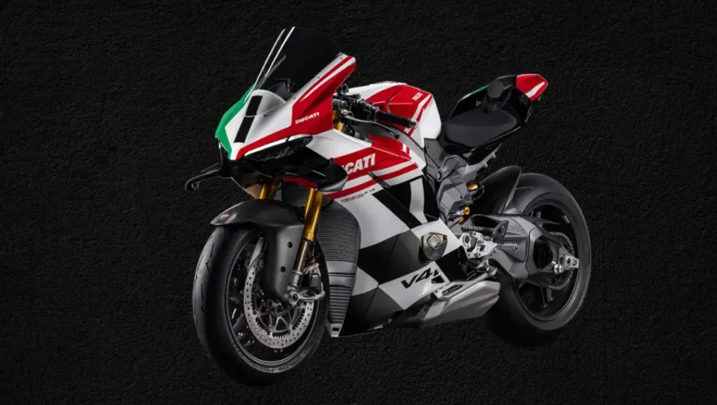 Ducati Panigale V4 Tricolore Launched in India displayed in front three quarter view with aggressive race styling