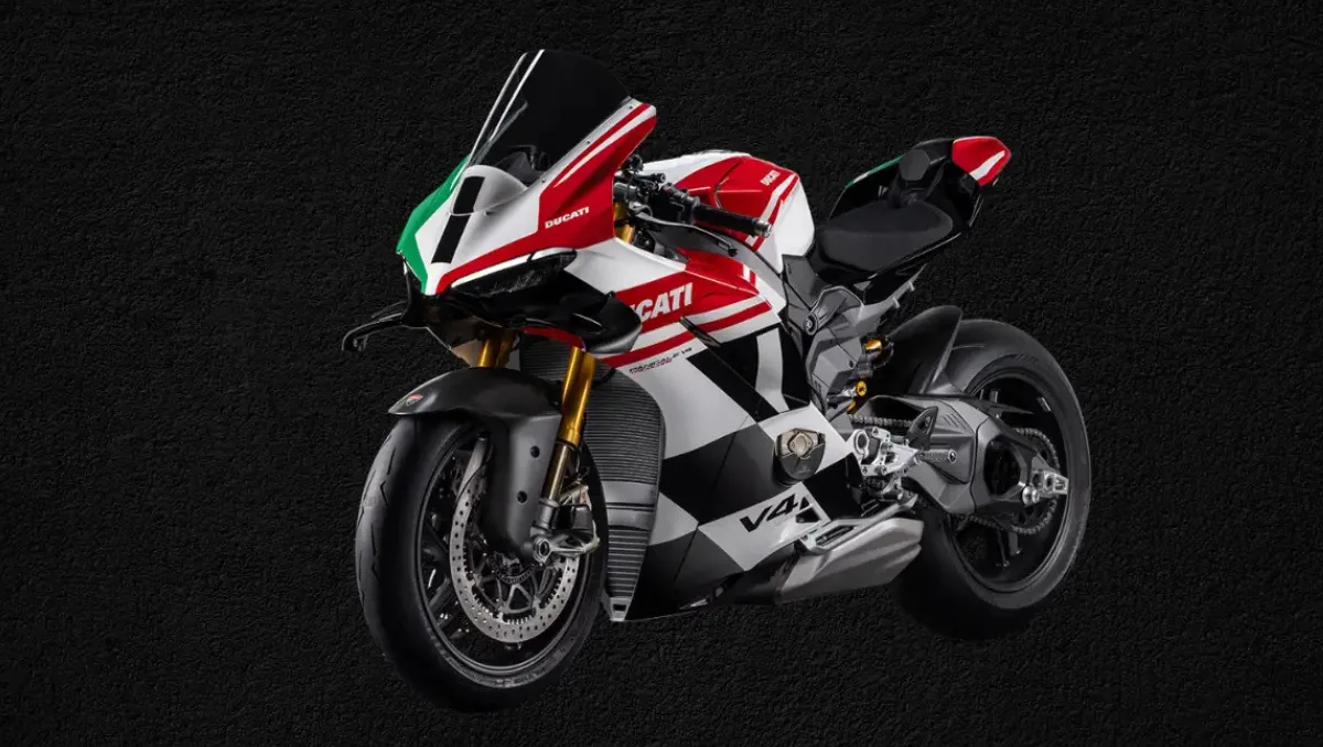 Ducati Panigale V4 Tricolore Launched in India displayed in front three quarter view with aggressive race styling