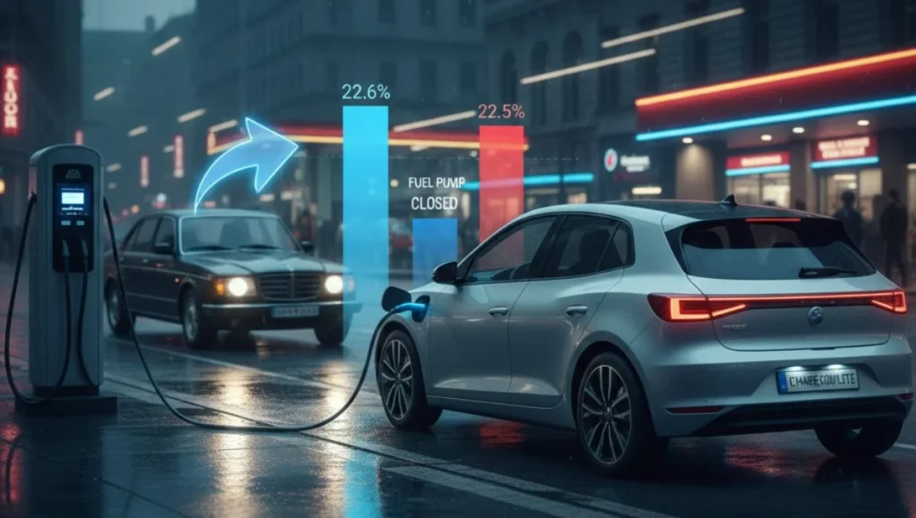 Electric car sales edge above petrol in EU for first time shown by EV charging on city street