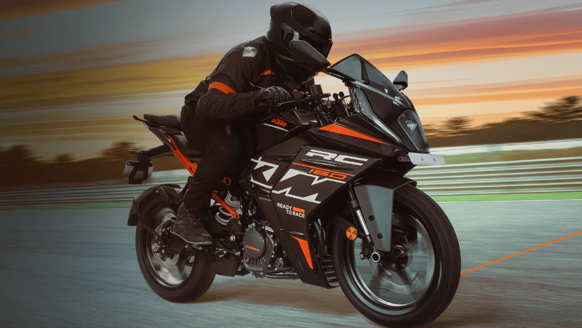 KTM RC 160 Launched in India seen in action on track showcasing full fairing design and sporty riding posture