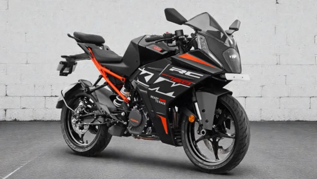 KTM RC 160 Launched in India displayed in studio view highlighting design, trellis frame, and sporty stance