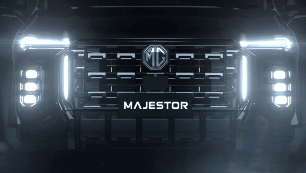 2026 MG Majestor Teased Ahead Of February 12 Launch showing front grille design with MG badge and illuminated elements