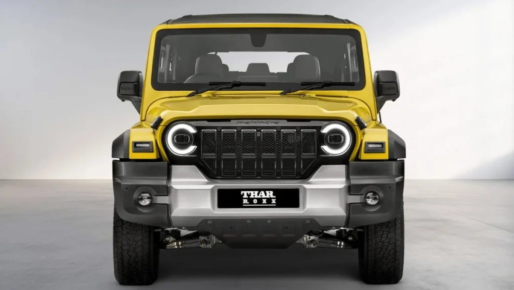 Mahindra Thar Roxx Star Edition Launched front view with LED headlights and rugged grille